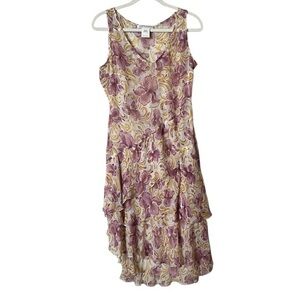 Colette Dinnigan Floral Silk Dress, sheer overdress, cascading ruffles, L
